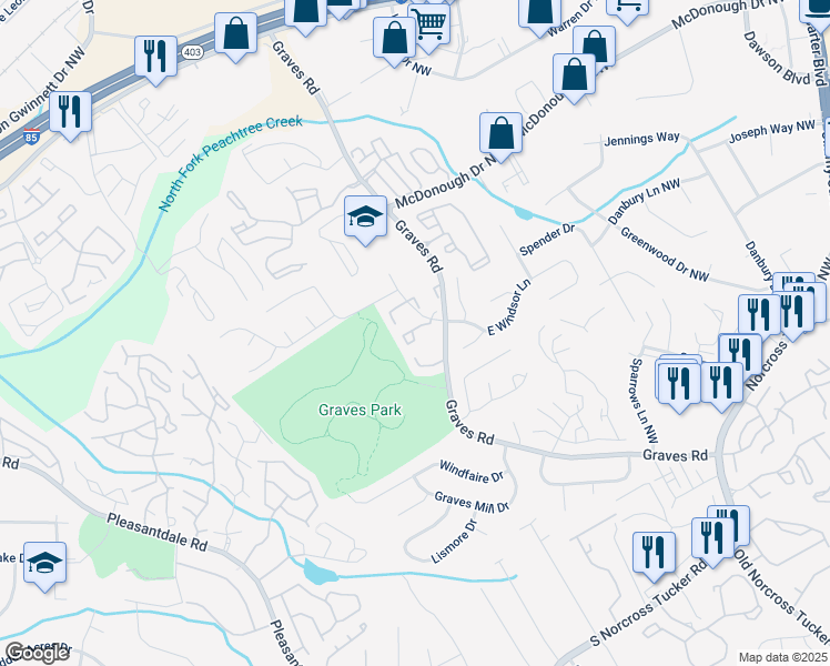 map of restaurants, bars, coffee shops, grocery stores, and more near 6690 Witherington Court Northwest in Norcross