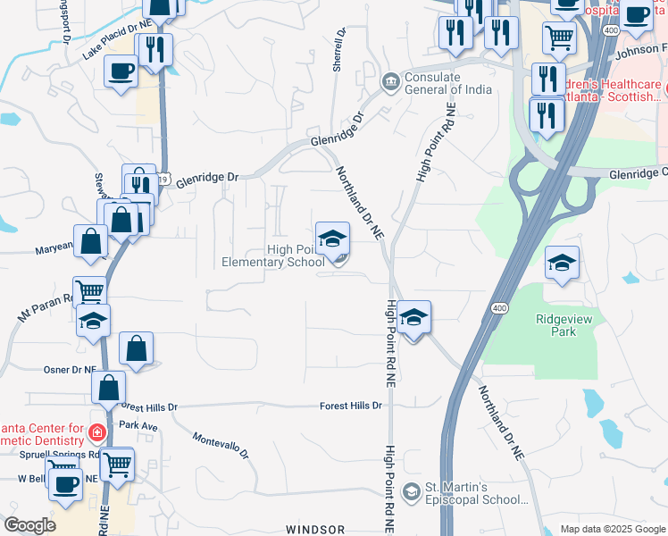 map of restaurants, bars, coffee shops, grocery stores, and more near 545 Greenland Road Northeast in Atlanta