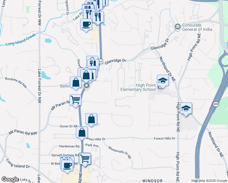 map of restaurants, bars, coffee shops, grocery stores, and more near 455 Belada Boulevard in Atlanta