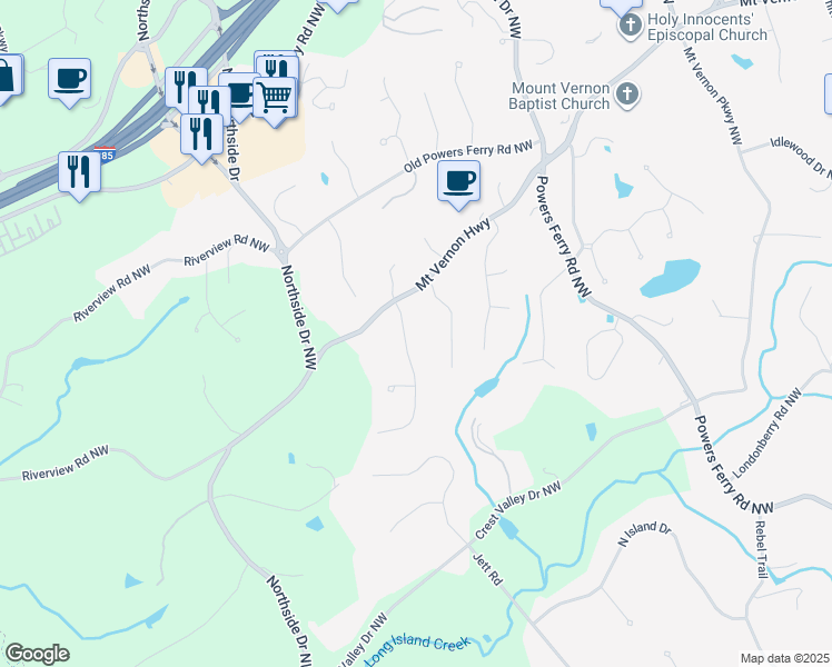 map of restaurants, bars, coffee shops, grocery stores, and more near 5246 Vernon Springs Trail Northwest in Atlanta