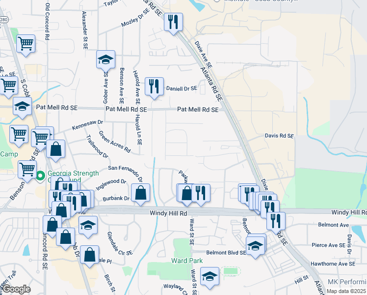map of restaurants, bars, coffee shops, grocery stores, and more near 2224 Elizabeth Avenue Southeast in Smyrna