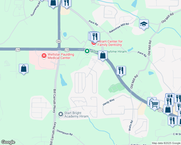 map of restaurants, bars, coffee shops, grocery stores, and more near 536 Highland Falls Drive in Hiram
