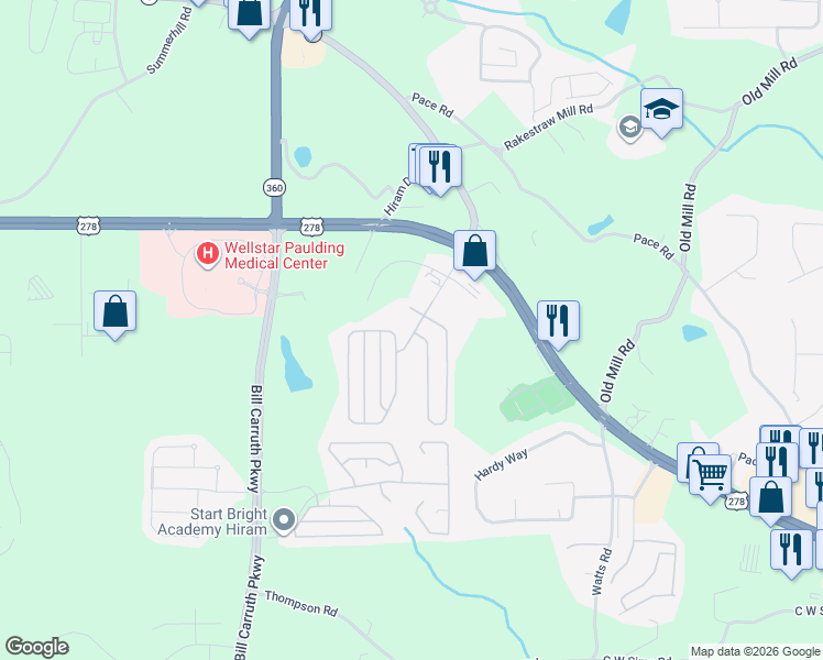 map of restaurants, bars, coffee shops, grocery stores, and more near 230 Highland Falls Boulevard in Hiram