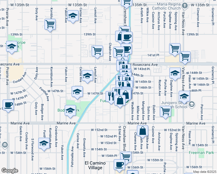 map of restaurants, bars, coffee shops, grocery stores, and more near 14607 Chadron Avenue in Gardena