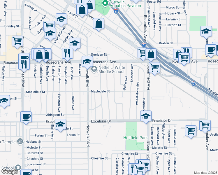 map of restaurants, bars, coffee shops, grocery stores, and more near 14603 Helwig Avenue in Norwalk