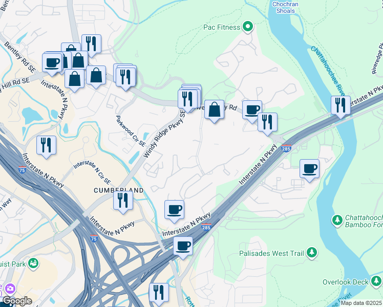 map of restaurants, bars, coffee shops, grocery stores, and more near 3013 Shadowood Parkway in Atlanta