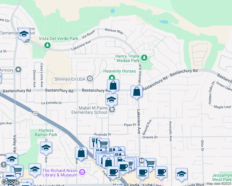 map of restaurants, bars, coffee shops, grocery stores, and more near 18287 Iris Lane in Yorba Linda