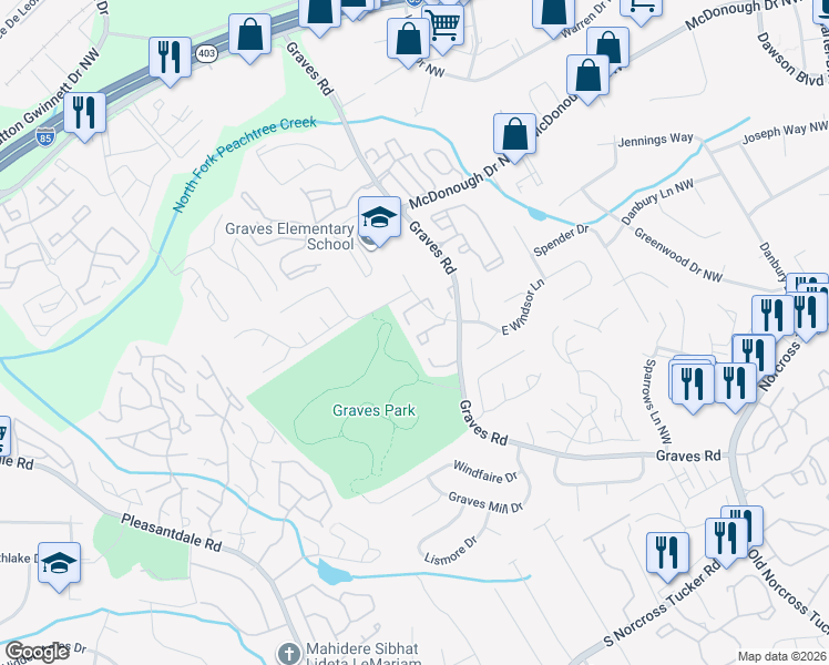 map of restaurants, bars, coffee shops, grocery stores, and more near 6685 Witherington Court Northwest in Norcross