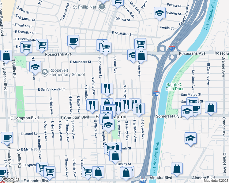 map of restaurants, bars, coffee shops, grocery stores, and more near 14713 South Lime Avenue in Compton