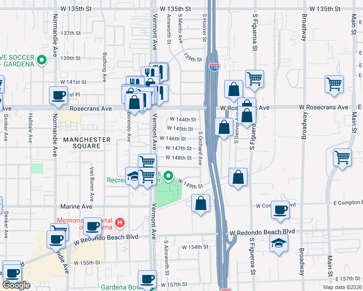 map of restaurants, bars, coffee shops, grocery stores, and more near 749 West 147th Street in Gardena
