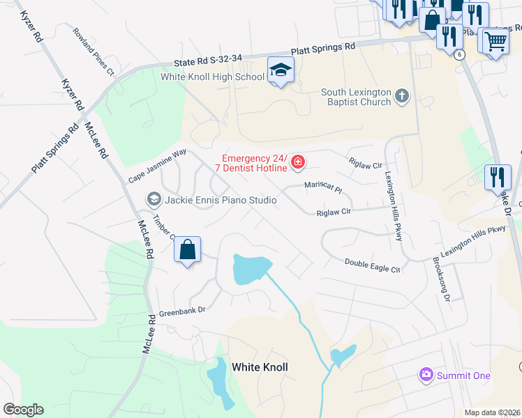 map of restaurants, bars, coffee shops, grocery stores, and more near 357 Cape Jasmine Way in Lexington