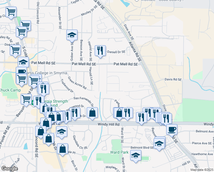 map of restaurants, bars, coffee shops, grocery stores, and more near 2209 Wells Drive in Smyrna