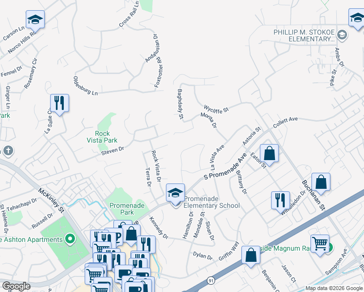 map of restaurants, bars, coffee shops, grocery stores, and more near 744 La Cumbre Street in Corona