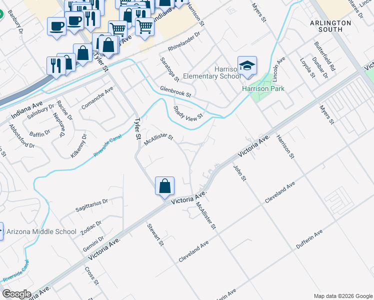 map of restaurants, bars, coffee shops, grocery stores, and more near 2828 McAllister Street in Riverside