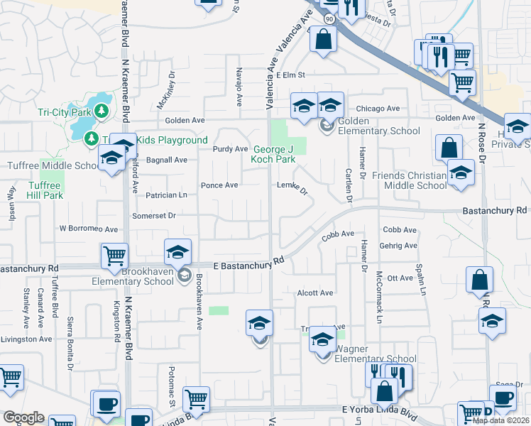 map of restaurants, bars, coffee shops, grocery stores, and more near 538 Somerset Drive in Placentia