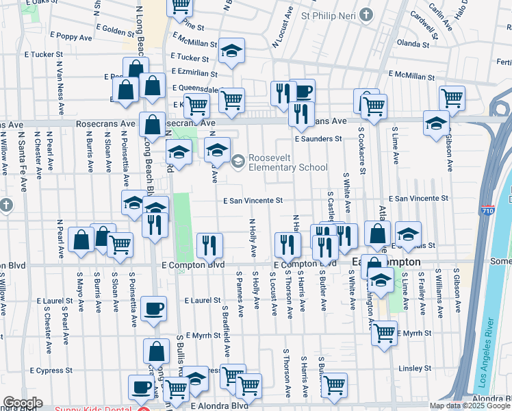 map of restaurants, bars, coffee shops, grocery stores, and more near 314 North Holly Avenue in Compton