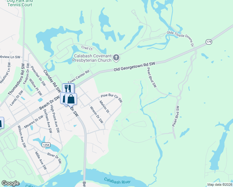map of restaurants, bars, coffee shops, grocery stores, and more near 1141 Pine Bur Cir SW in Sunset Beach