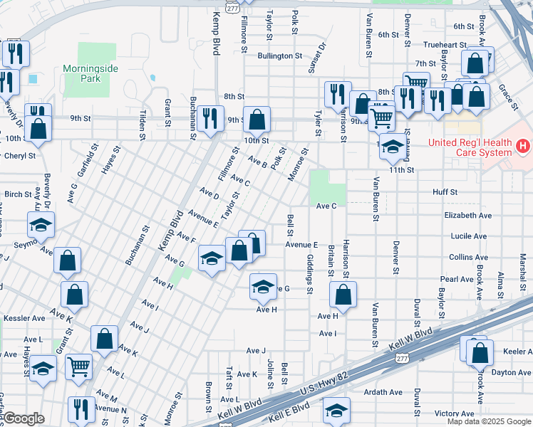 map of restaurants, bars, coffee shops, grocery stores, and more near 1402 Monroe Street in Wichita Falls