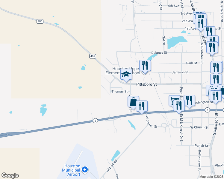 map of restaurants, bars, coffee shops, grocery stores, and more near 205 Thomas Street in Houston