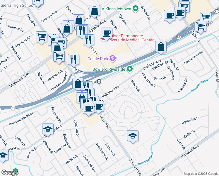 map of restaurants, bars, coffee shops, grocery stores, and more near 10901 Indiana Avenue in Riverside