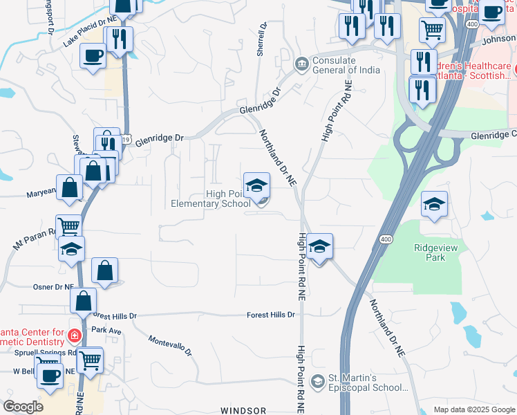 map of restaurants, bars, coffee shops, grocery stores, and more near 520 Greenland Road Northeast in Atlanta