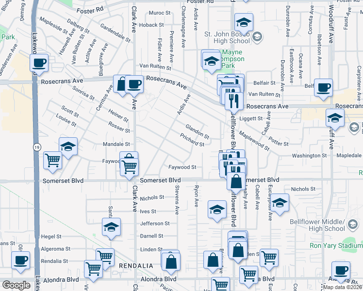 map of restaurants, bars, coffee shops, grocery stores, and more near 9545 Heiner Street in Bellflower