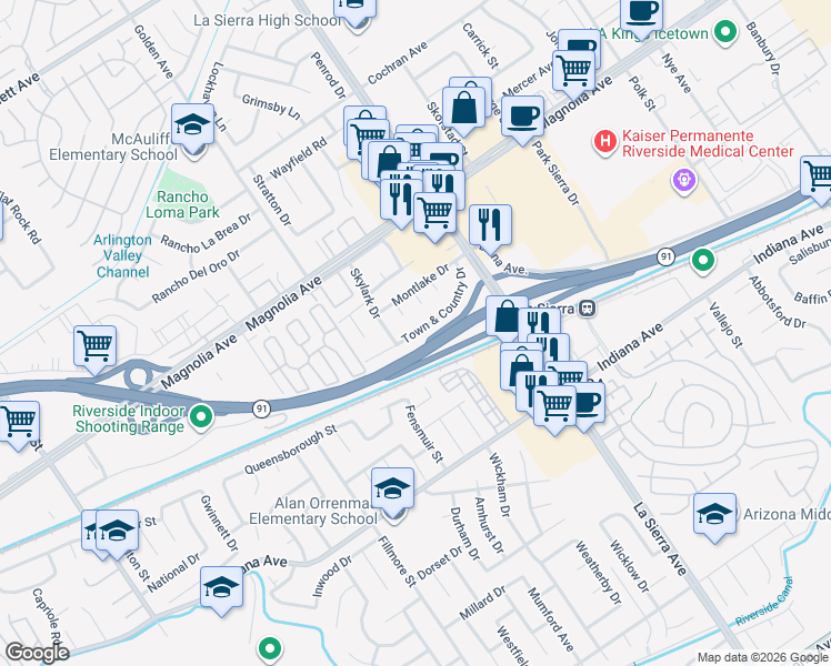 map of restaurants, bars, coffee shops, grocery stores, and more near 11249 Town & Country Drive in Riverside