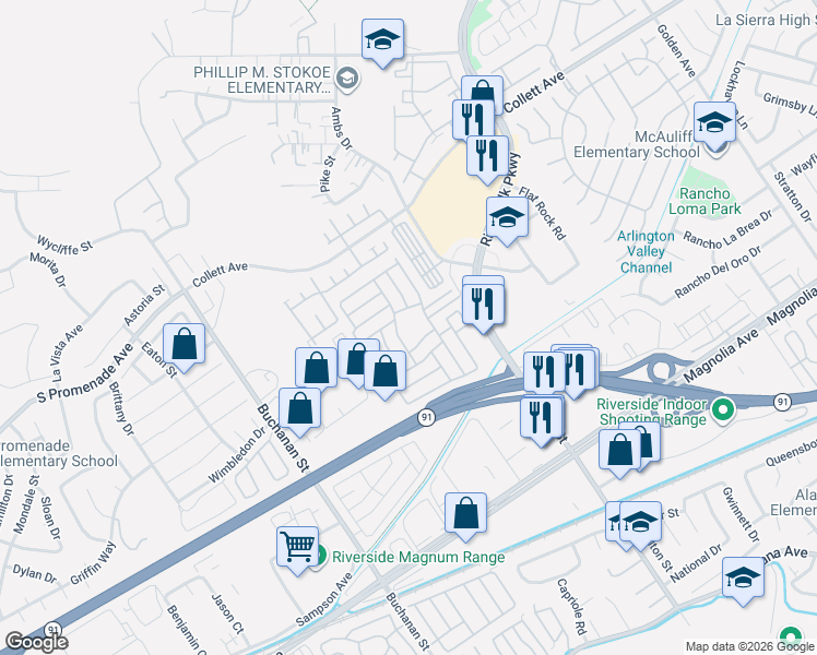 map of restaurants, bars, coffee shops, grocery stores, and more near 4000 Pierce Street in Riverside