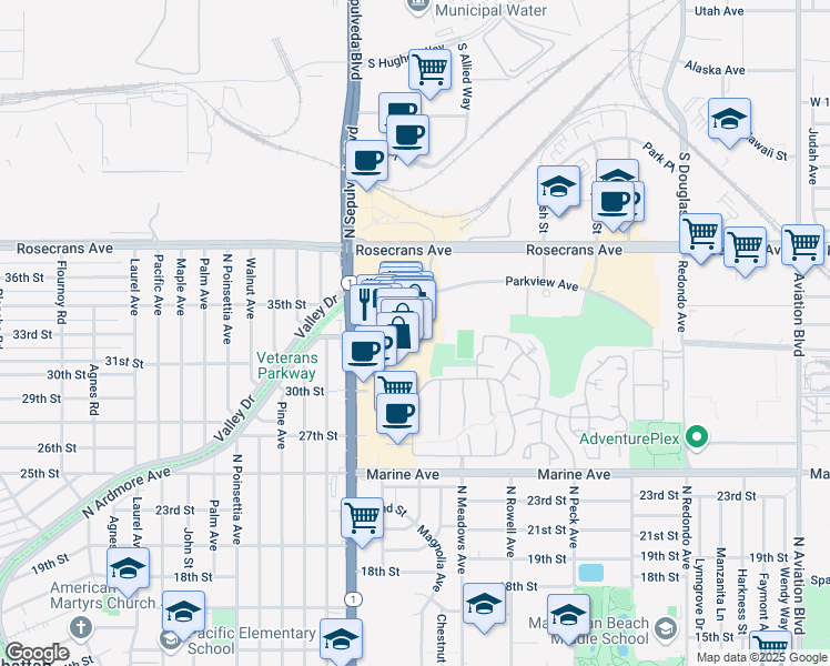map of restaurants, bars, coffee shops, grocery stores, and more near 3200 North Sepulveda Boulevard in Manhattan Beach