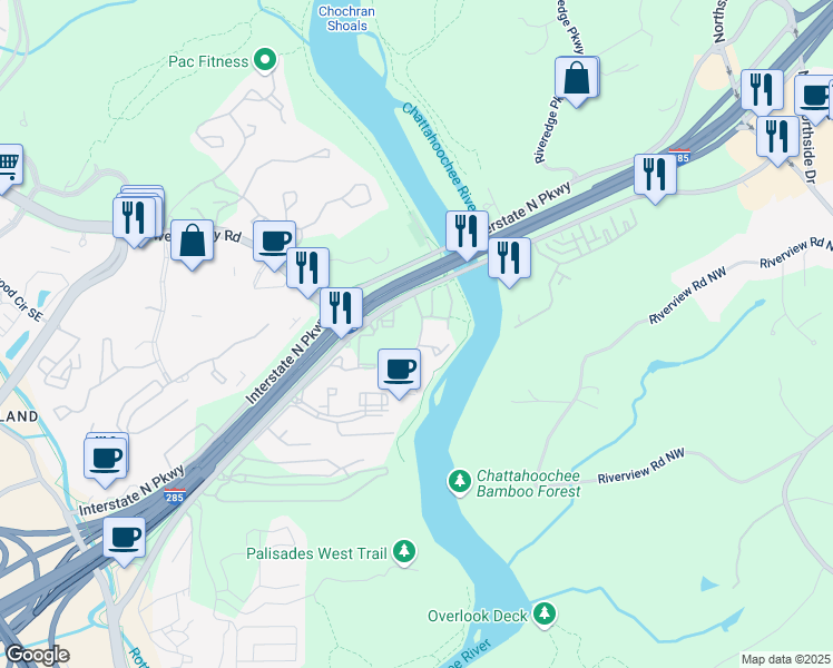 map of restaurants, bars, coffee shops, grocery stores, and more near 1119 Riverbend Club Drive Southeast in Atlanta