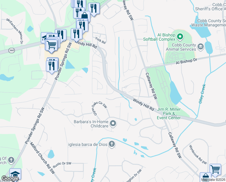 map of restaurants, bars, coffee shops, grocery stores, and more near 366 Winston Road Southwest in Marietta