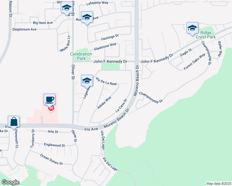 map of restaurants, bars, coffee shops, grocery stores, and more near 15284 Adobe Way in Moreno Valley
