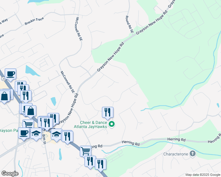 map of restaurants, bars, coffee shops, grocery stores, and more near 128 Graybrook Court in Grayson