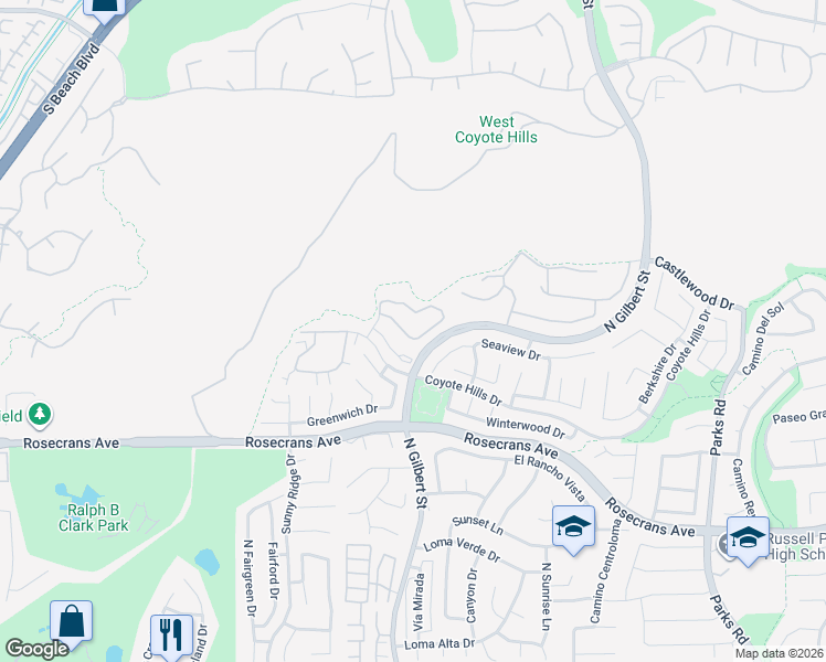 map of restaurants, bars, coffee shops, grocery stores, and more near 2351 Applewood Circle in Fullerton