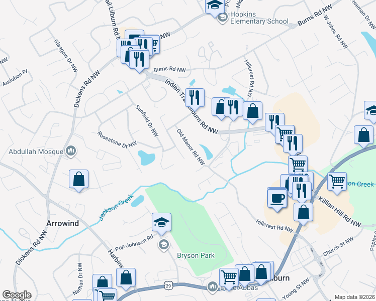 map of restaurants, bars, coffee shops, grocery stores, and more near 644 Old Manor Road Northwest in Lilburn