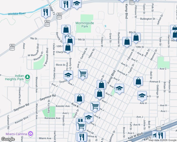 map of restaurants, bars, coffee shops, grocery stores, and more near 1615 Tilden Street in Wichita Falls