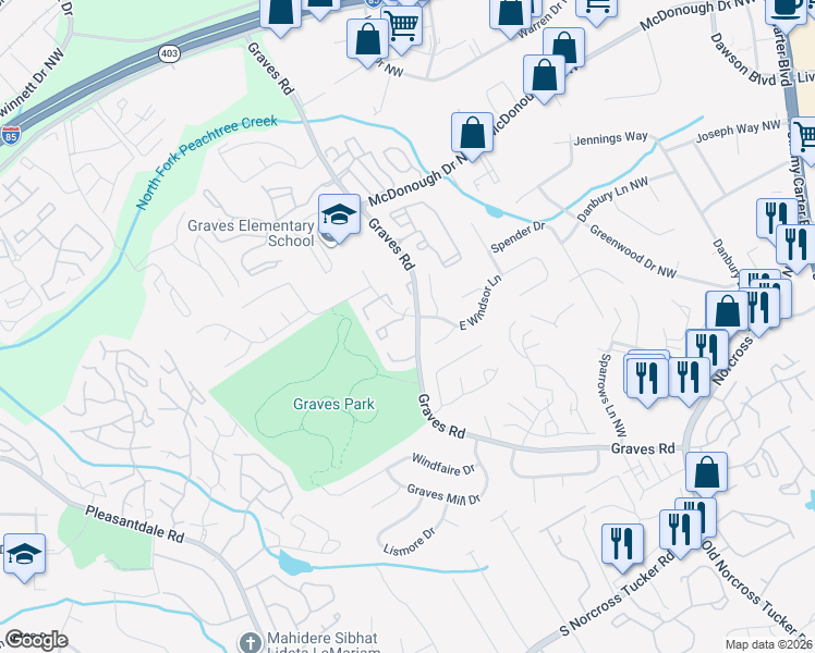 map of restaurants, bars, coffee shops, grocery stores, and more near 6708 Buckingham Court in Norcross
