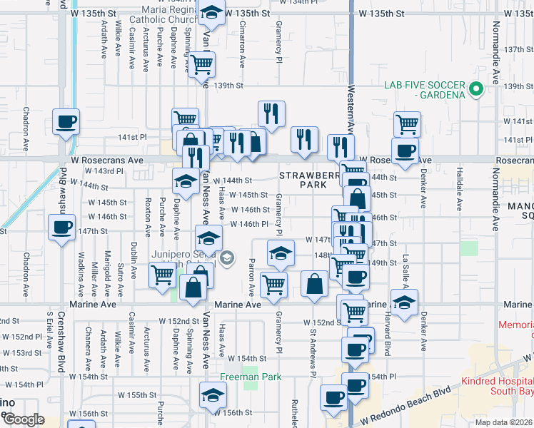 map of restaurants, bars, coffee shops, grocery stores, and more near 2016 West 146th Street in Gardena