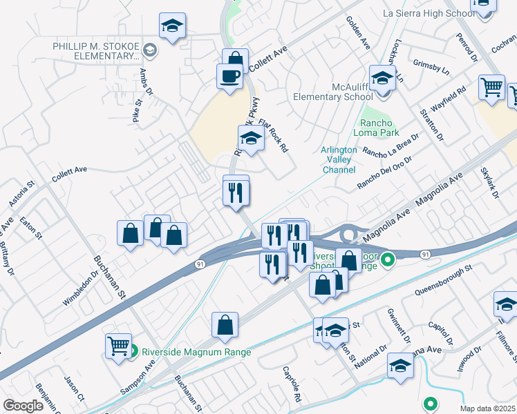 map of restaurants, bars, coffee shops, grocery stores, and more near 11840 Pierce Street in Riverside