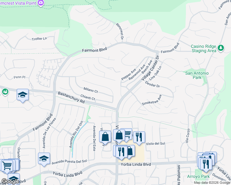 map of restaurants, bars, coffee shops, grocery stores, and more near 4324 Genoa Way in Yorba Linda