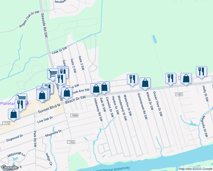 map of restaurants, bars, coffee shops, grocery stores, and more near 7152 Westbrook Avenue Southwest in Ocean Isle Beach