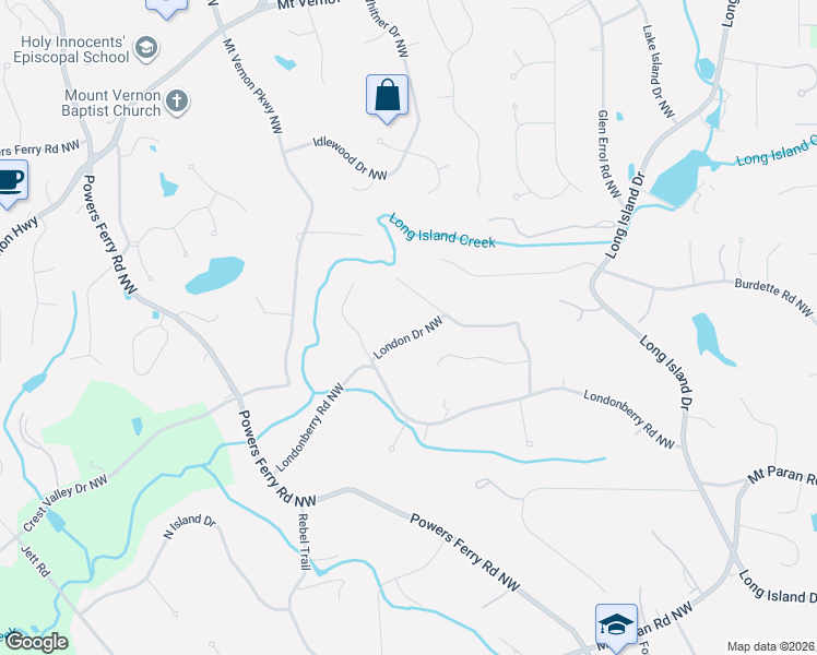 map of restaurants, bars, coffee shops, grocery stores, and more near 5295 London Drive Northwest in Atlanta