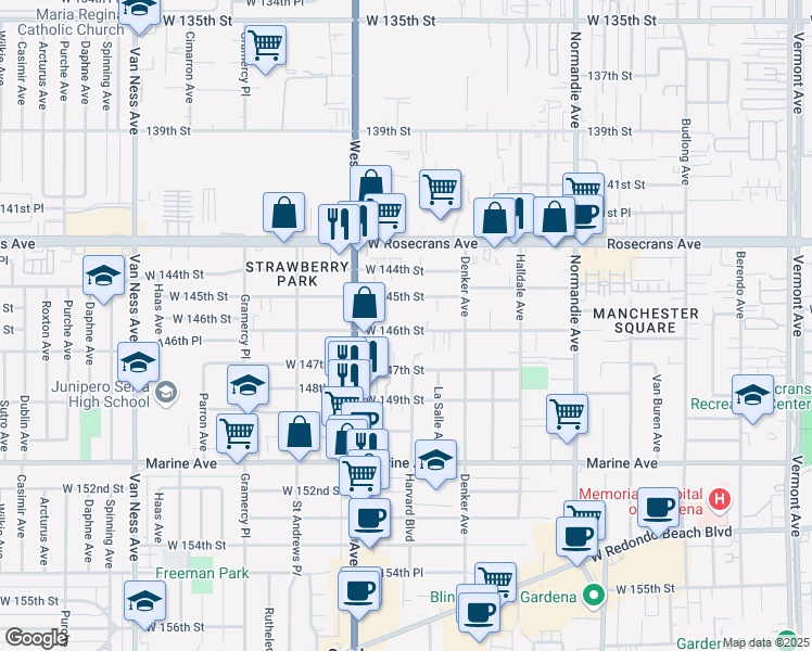 map of restaurants, bars, coffee shops, grocery stores, and more near 1507 West 146th Street in Gardena