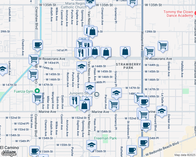 map of restaurants, bars, coffee shops, grocery stores, and more near 2144 West 146th Place in Gardena