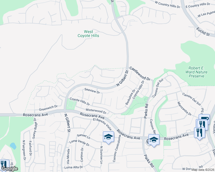 map of restaurants, bars, coffee shops, grocery stores, and more near 1860 Brooke Lane in Fullerton
