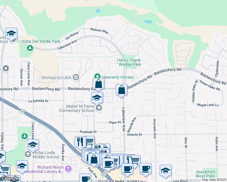 map of restaurants, bars, coffee shops, grocery stores, and more near 18373 Iris Lane in Yorba Linda