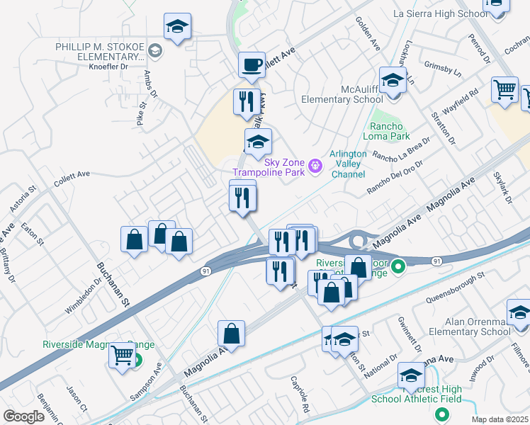 map of restaurants, bars, coffee shops, grocery stores, and more near 11840 Pierce Street in Riverside