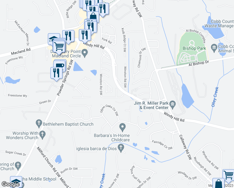 map of restaurants, bars, coffee shops, grocery stores, and more near 111 Oxford Road in Marietta