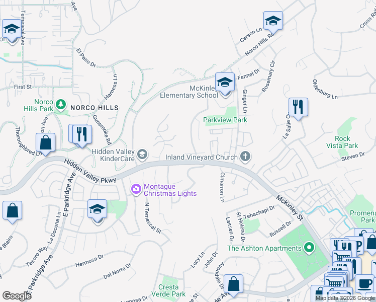 map of restaurants, bars, coffee shops, grocery stores, and more near 1846 Madera Circle in Corona