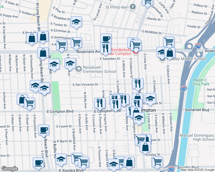 map of restaurants, bars, coffee shops, grocery stores, and more near 4118 East San Mateo Street in Compton